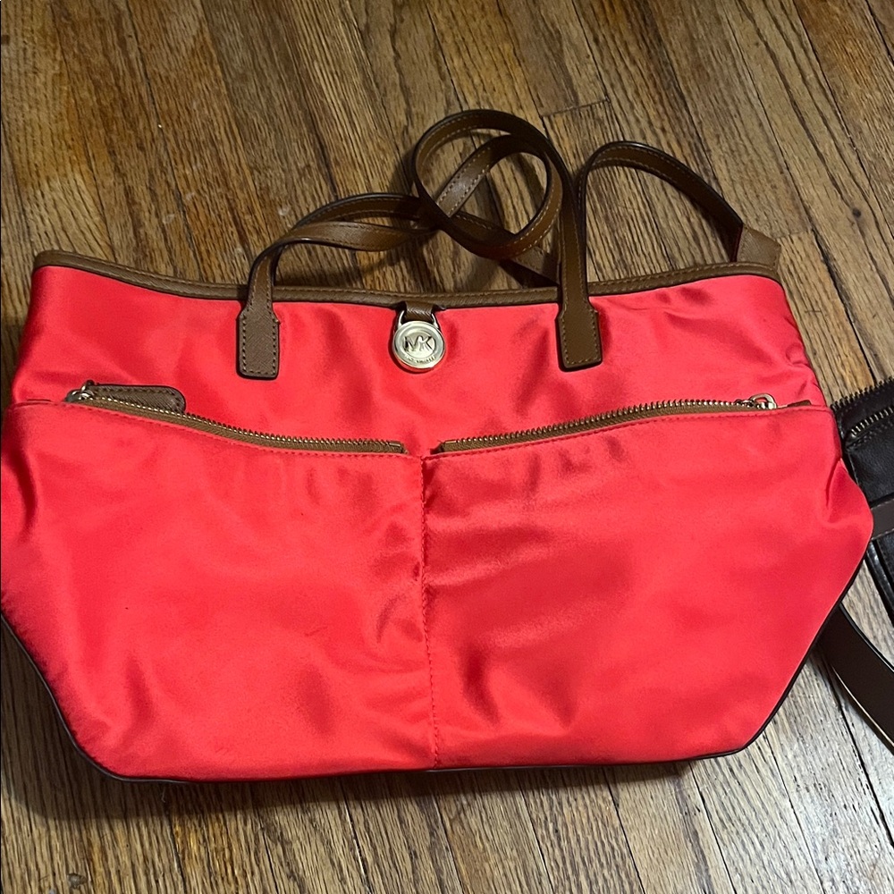 Michael Kors Vibrant Red Tote with Brown Accents